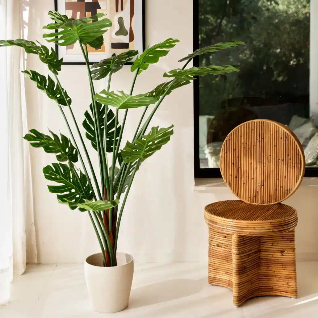 Una planta de monstera en maceta con grandes hojas verdes junto a una silla redonda de bambú en una habitación moderna y luminosa con una ventana y un mural abstracto.