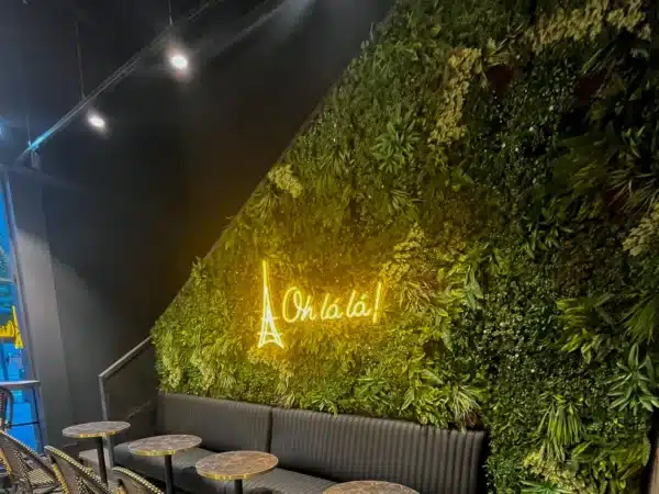 jardin vertical en cafeteria con luz de neon